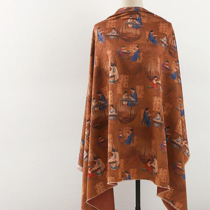 Ancient Ladies Tea Silk Satin Fabric: 59"W Digital Print Sewing Material
