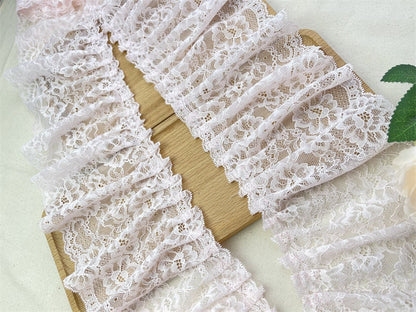 Baby Pink Pleated Lace Trim, Ruffled Fabric, 5.5" Wide