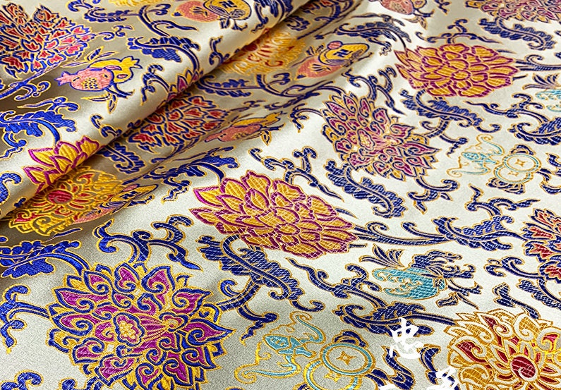 Lotus Silk Brocade Fabric: Colorful Cheongsam Qipao Material, 29.5"W