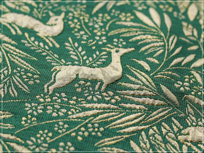 Green Jacquard Fabric with Gold Thread: Deer & Floral Design, 55" Wide