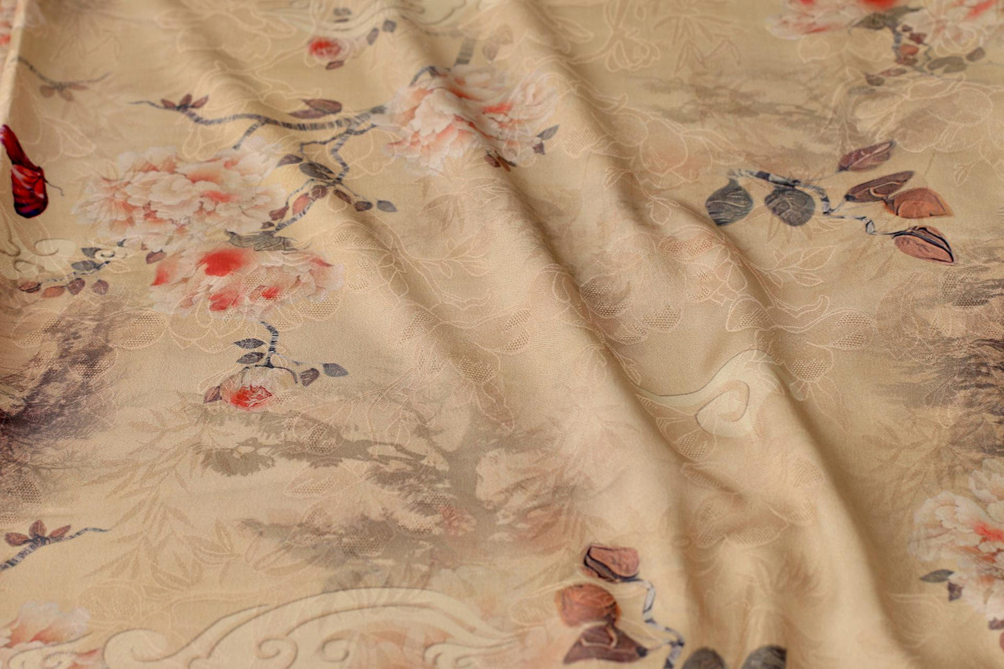 Floral Butterfly Print Fabric: Gambiered Canton Gauze Tea Silk