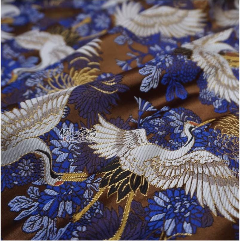 Crane Jacquard Satin Fabric: Japanese Brocade, Silver Grey, 29.5"W