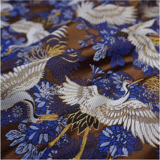 Tissu satin jacquard Crane : brocart japonais, gris argenté, 75 cm de large