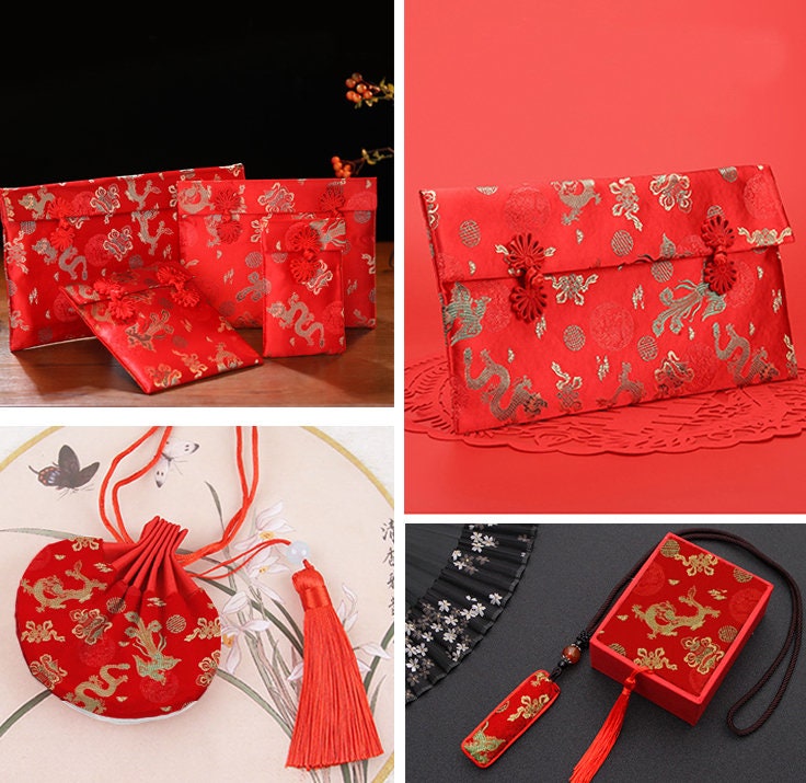 Red Dragon Phoenix Brocade Fabric: Cheongsam Robe Material (59"W)