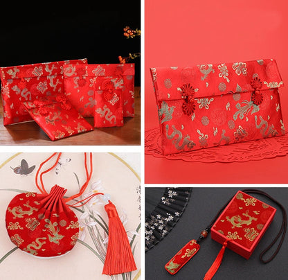 Red Dragon Phoenix Brocade Fabric: Cheongsam Robe Material (59"W)