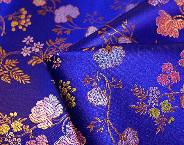 Floral Silk Brocade Fabric: Royal Blue & Purple Cheongsam Qipao (35"W)