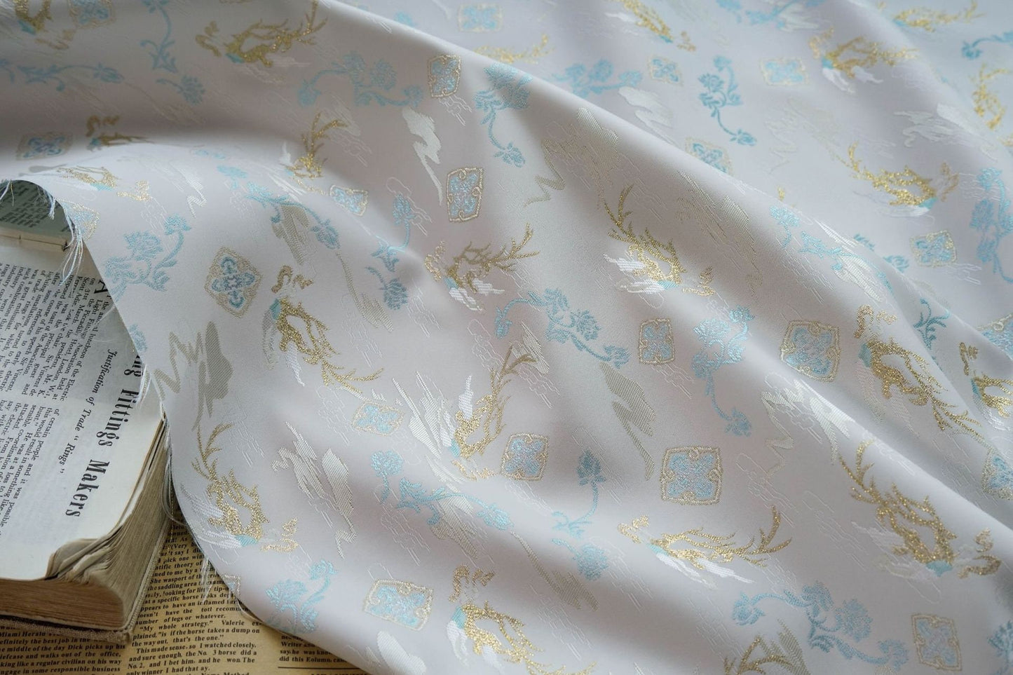 Reversible Floral Jacquard Fabric: Gold Thread Embossed Upholstery, 63"W