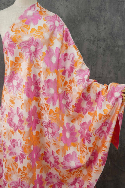 Floral Jacquard Brocade Fabric: Orange Pink Flower Pattern, 65" Wide