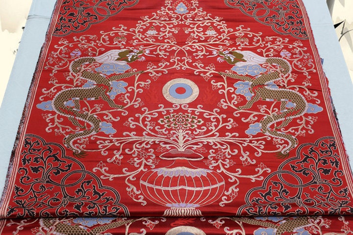 Red Dragon Brocade Fabric: Chinese Cheongsam, Tibetan Robe (Silk/Rayon)
