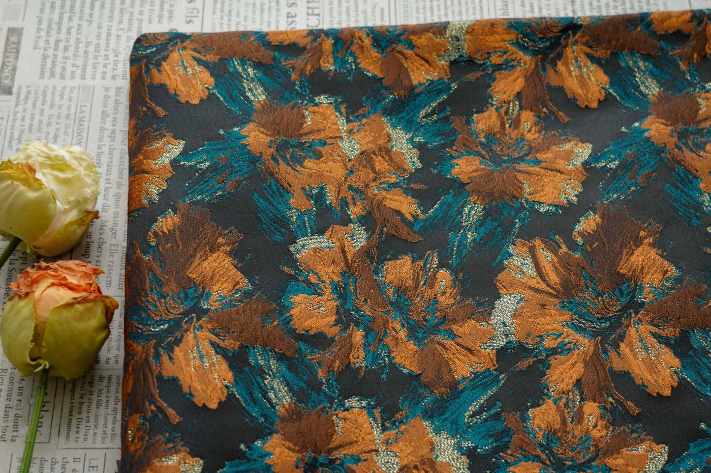 Floral Jacquard Fabric | 3D Embossed Gold Thread, 61" Wide