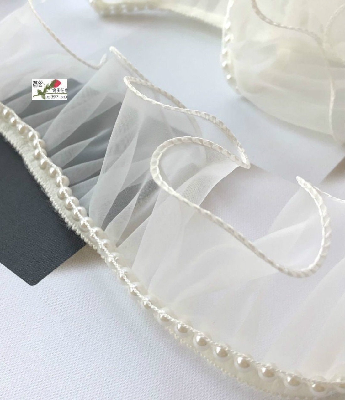 Embroidered Lace Organza Fabric with Pearls - 2.4" Wide