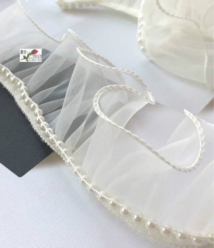 Embroidered Lace Organza Fabric with Pearls - 2.4" Wide