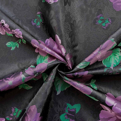 Black Jacquard Qipao Fabric with Purple Floral Pattern ��� Chinese Brocade Upholstery, Quilting, Cheongsam Sewing Fabr"Wide