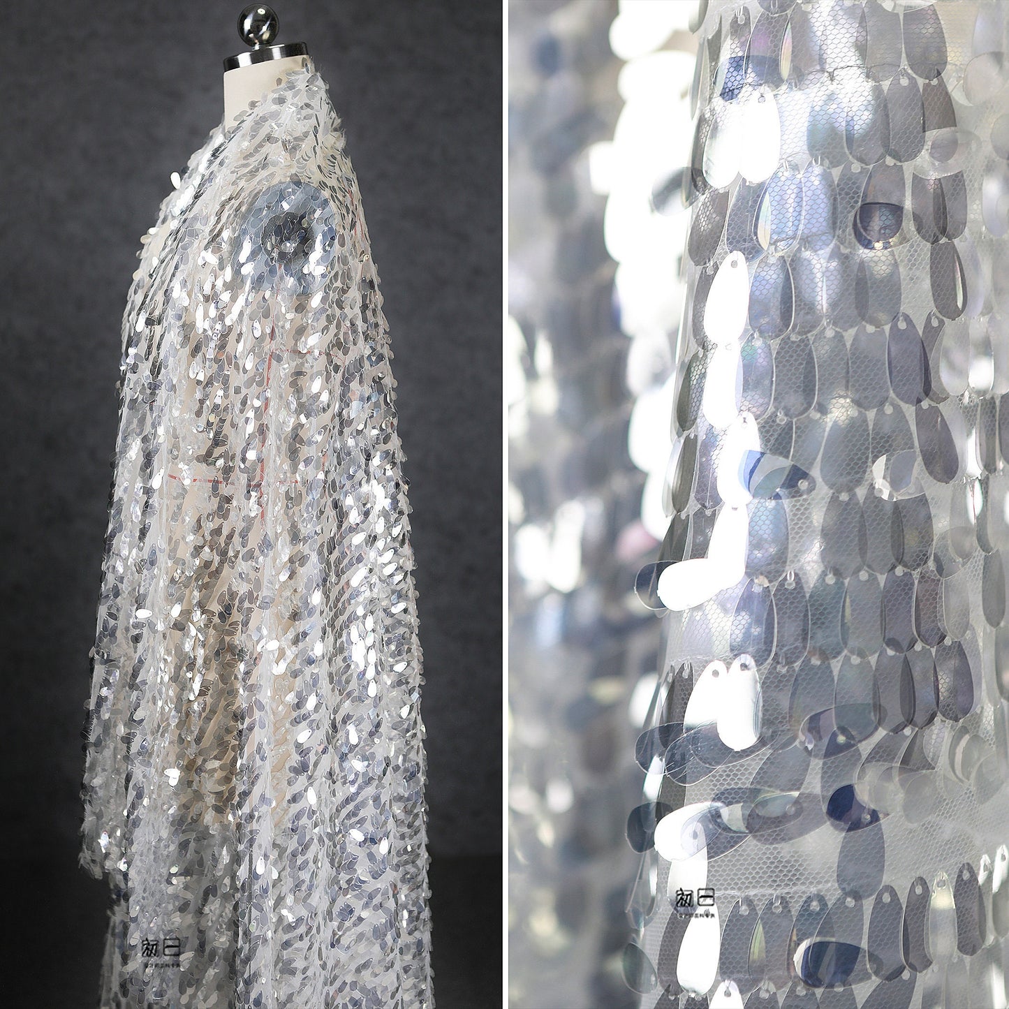 Silver Sequin Mesh Fabric, Hand Embroidered Water Drop Design, 59" Wide