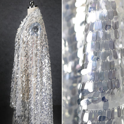 Silver Sequin Mesh Fabric, Hand Embroidered Water Drop Design, 59" Wide