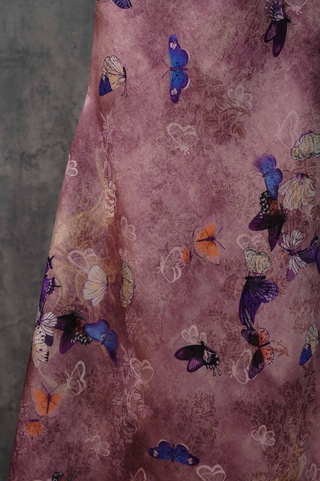 Butterfly Flower Tea Silk Satin Fabric: Digital Print, 55" Wide