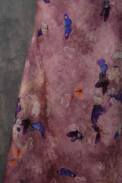 Butterfly Flower Tea Silk Satin Fabric: Digital Print, 55" Wide