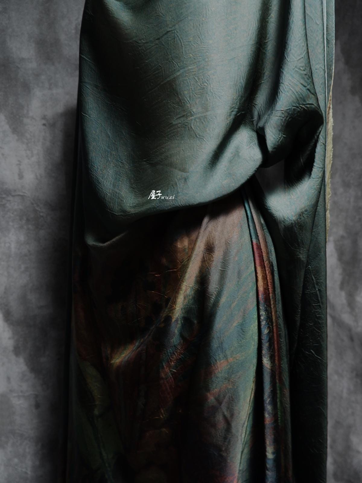 Dark Green Silk Satin Fabric: Dunhuang Pattern Sewing Material, 55"W