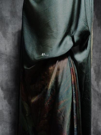 Dark Green Silk Satin Fabric: Dunhuang Pattern Sewing Material, 55"W