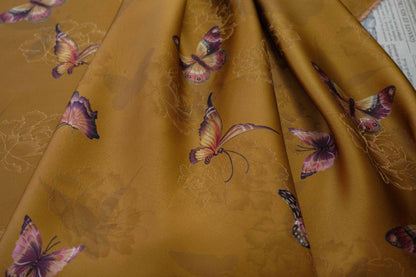 Butterfly Flower Tea Silk Satin Fabric: Digital Print (55"W)
