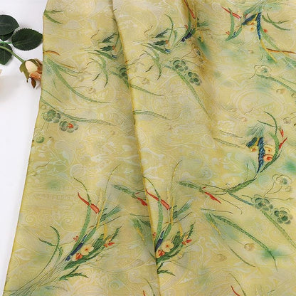 Golden Yellow Blossom Branch Lightweight Brocade Jacquard Fabric ��� Shiny Floral Material for Cheongsam & D