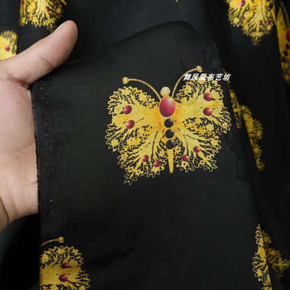 Black & Gold Butterfly Silk Jacquard Fabric: Cheongsam Hanfu Material