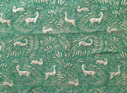 Green Jacquard Fabric with Gold Thread: Deer & Floral Design, 55" Wide