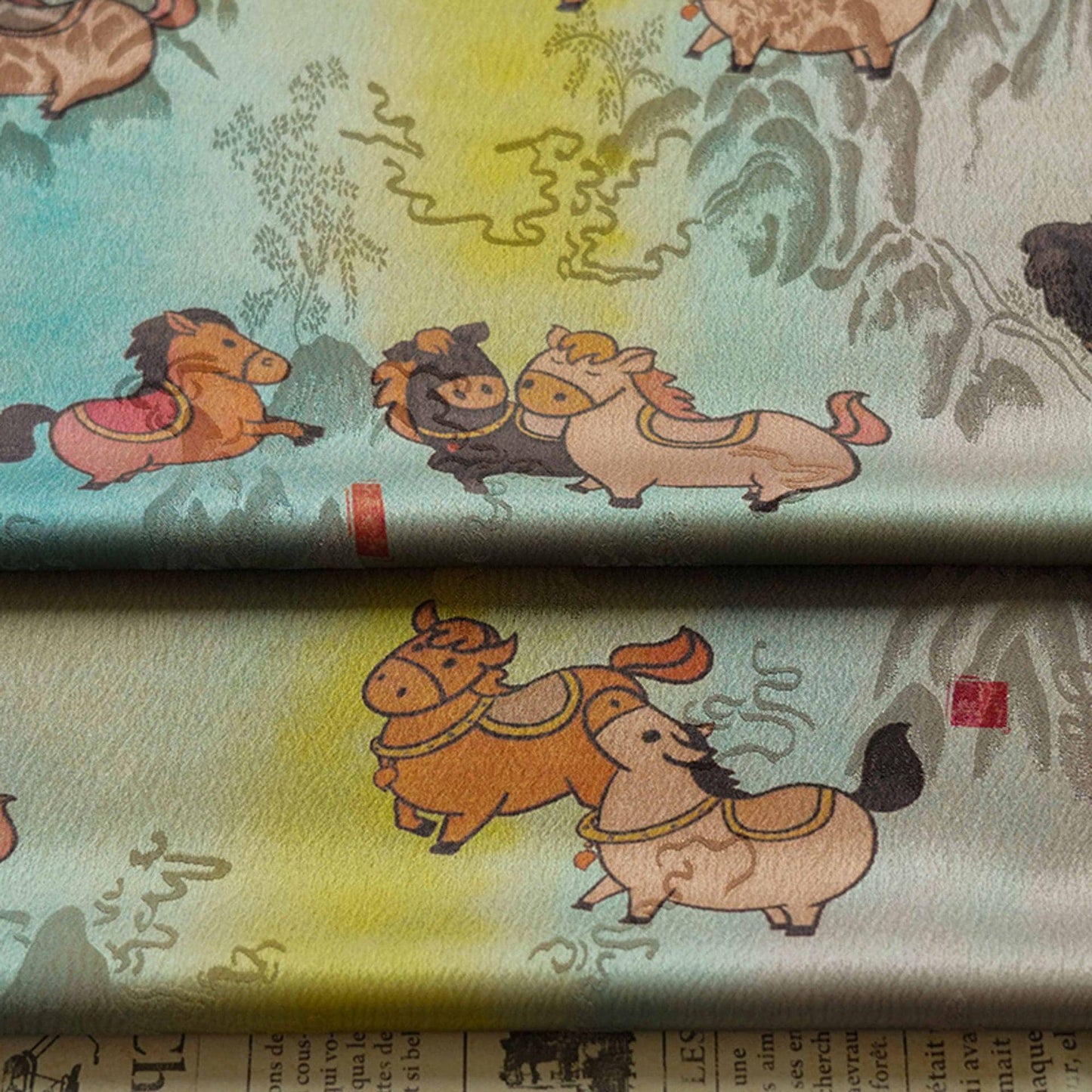 Tissu satiné en soie à motif poney - 150 cm de large, impression numérique