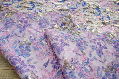 Gold Thread Floral Jacquard Fabric: Pink Purple 3D Designer Fabric, 55"W