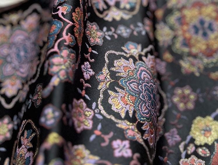 Black Baoxiang Brocade Fabric: 56"W Rayon Blend for Cheongsam, Robes, Decor