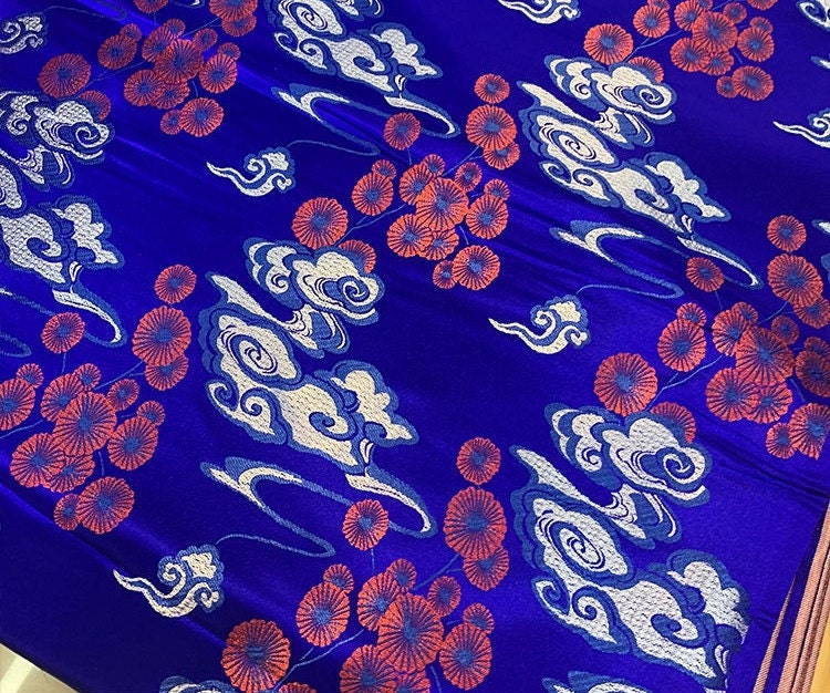 Royal Blue Cloud Brocade Fabric: Silk Rayon Jacquard, 29.5" Wide