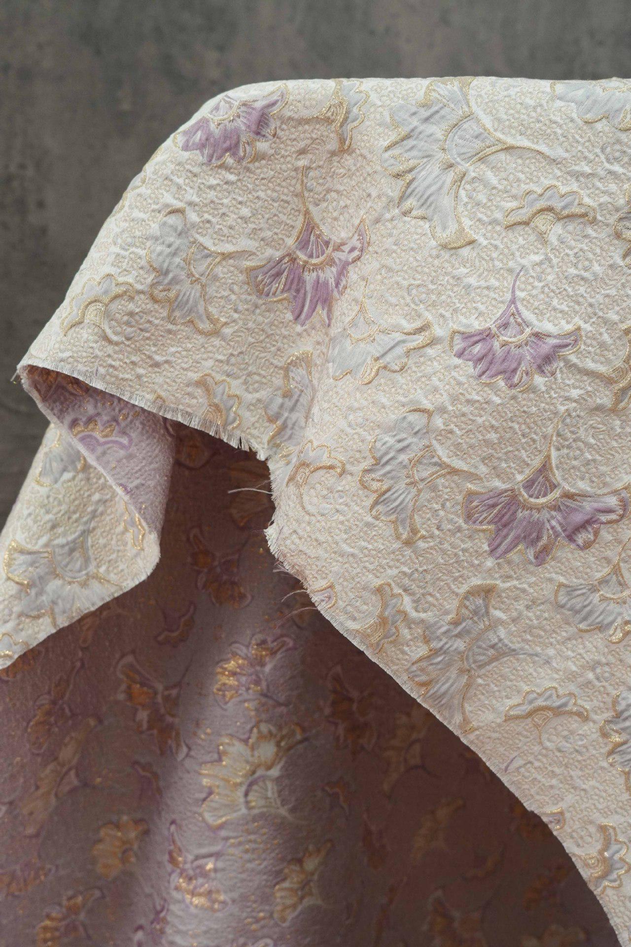 Gold Thread Jacquard Woven Fabric: 3D Lilac Floral Embossed Upholstery, Costume, Sewing - 60"W