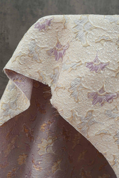 Gold Thread Jacquard Woven Fabric: 3D Lilac Floral Embossed Upholstery, Costume, Sewing - 60"W