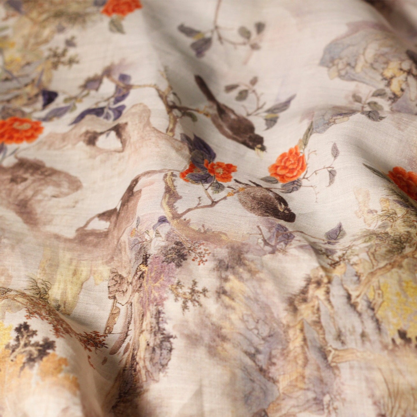 Tissu ramie style vintage : imprimé floral, textile d'intérieur doux, 140 cm de large