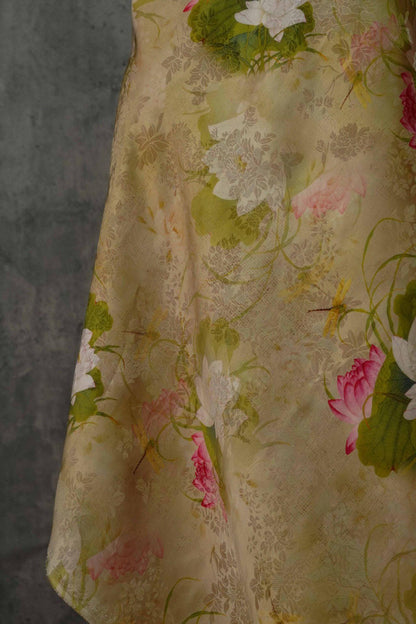 Lotus Flower Tea Silk Satin Fabric: 55"W Digital Print