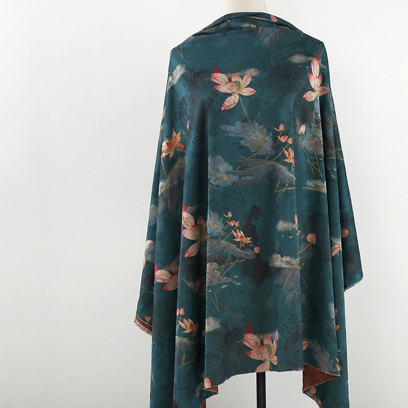 Emerald Satin Fabric: Floral Print, 59" Wide, Sewing & Upholstery