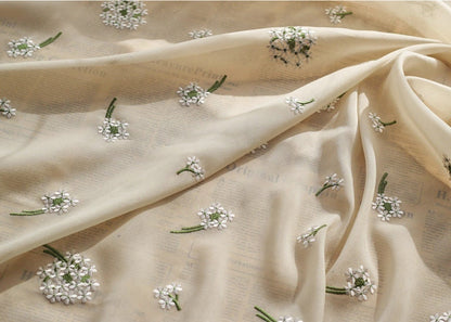 Hydrangea Embroidered Chiffon Fabric: Apricot Sheen, 57" Wide - By The Meter