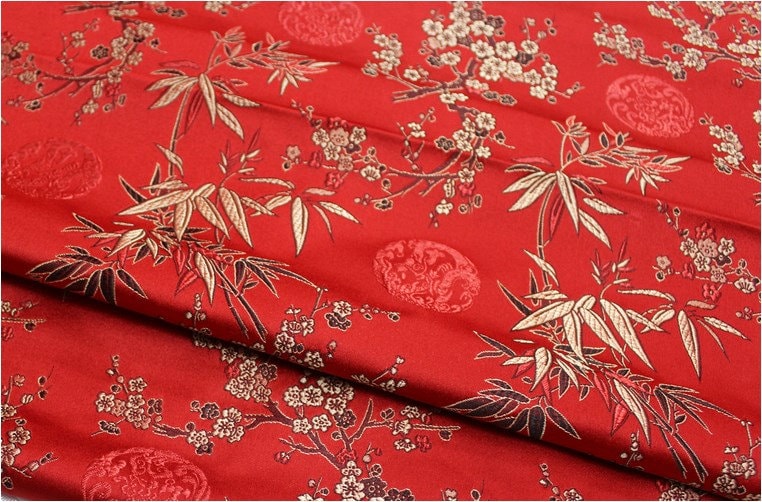 Red Cherry Blossom Brocade Fabric: Gold Bamboo Jacquard (By The Meter)