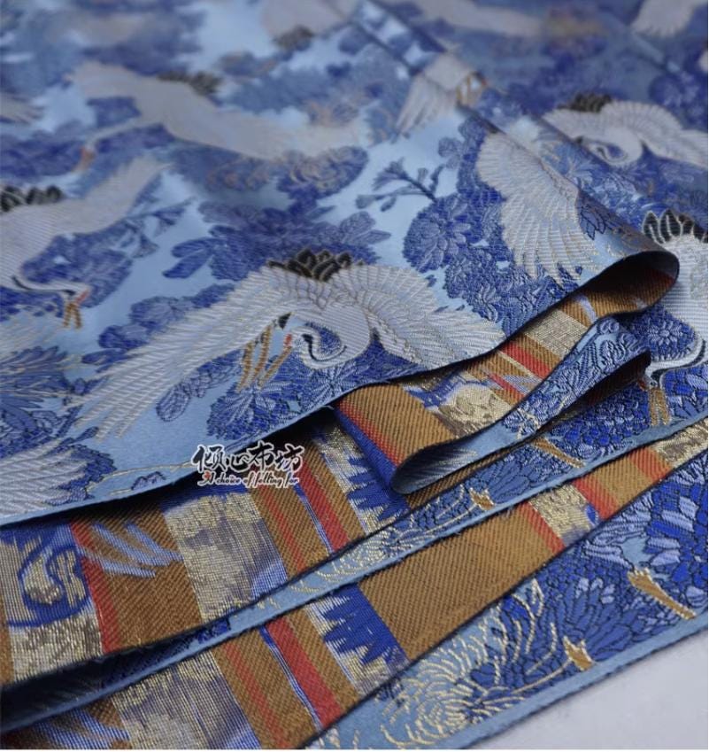 Crane Jacquard Satin Fabric: Japanese Brocade, Silver Grey, 29.5"W