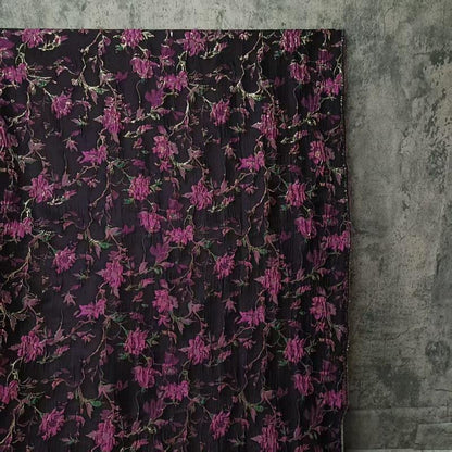 Black Jacquard Fabric: 3D Purple Rose & Gold Foil - 55"W Upholstery
