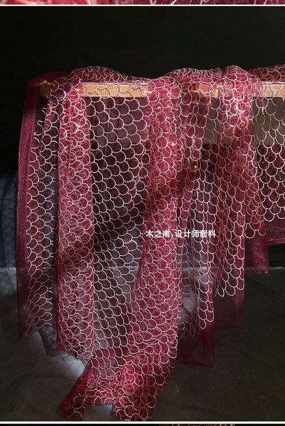 Maroon Fish Scales Sequin Embroidered Mesh Fabric, 50"W