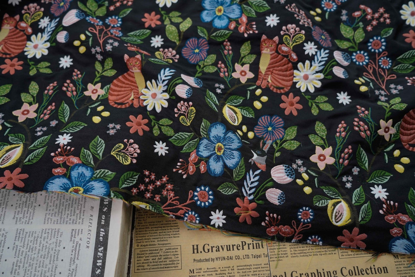 Black Cat Jacquard Fabric: Floral Upholstery, Costume, Decor (58"W)