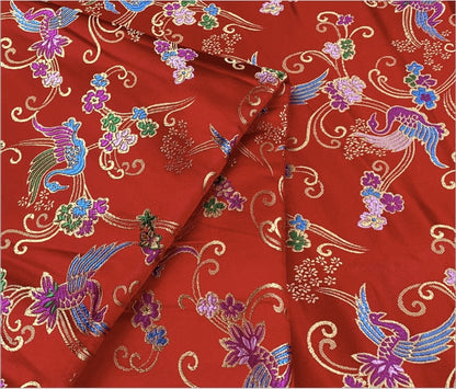 Floral Bird Jacquard Brocade Fabric: Red Silk Blend, 59" Wide