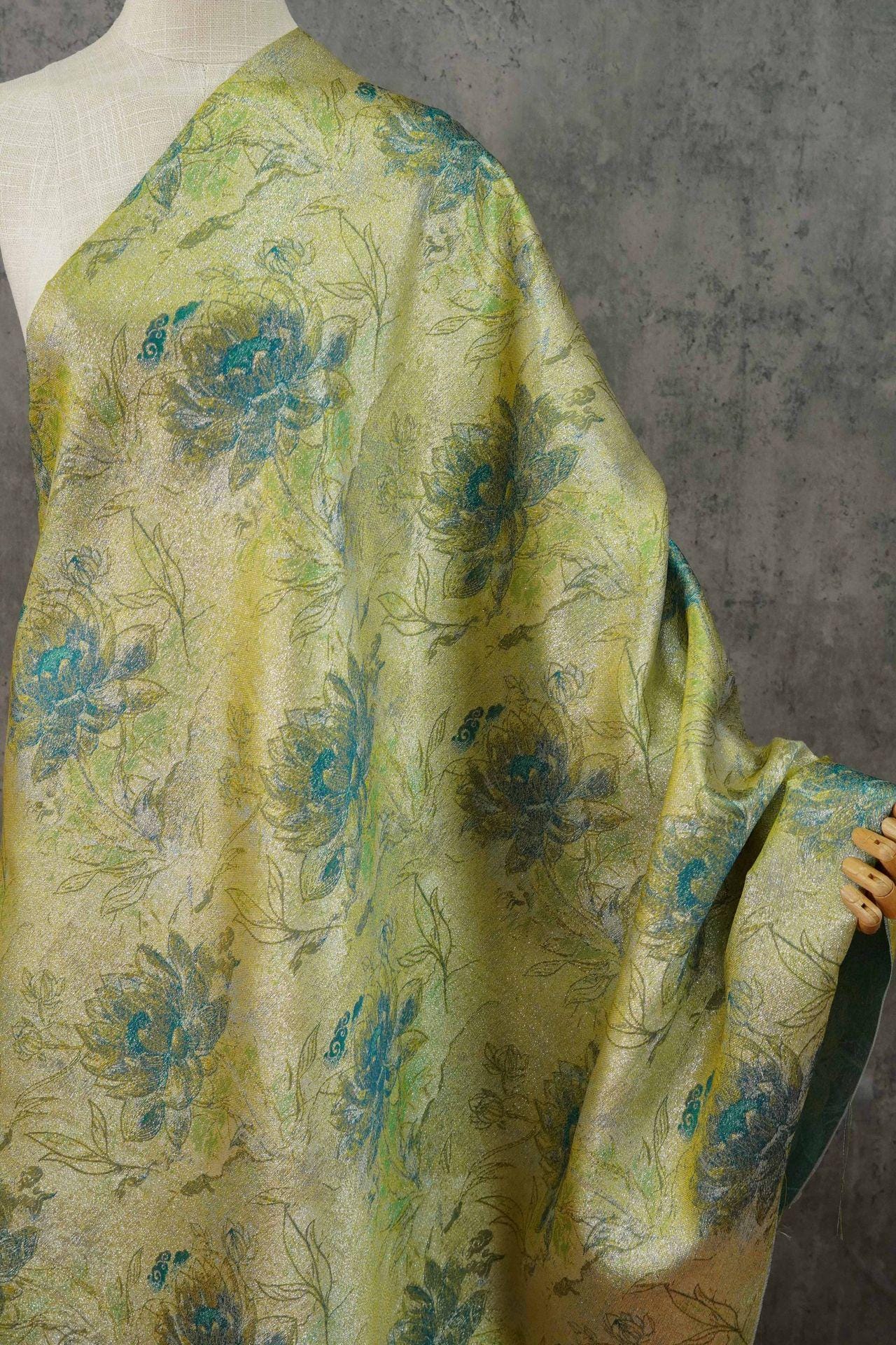Gold Thread Jacquard Fabric: Green Lotus Upholstery & Dress Sewing (60" W, By The Meter