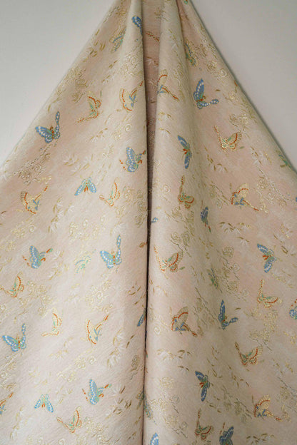 Beige Chenille Jacquard Fabric: Butterfly Foil Upholstery, Costume, Decor