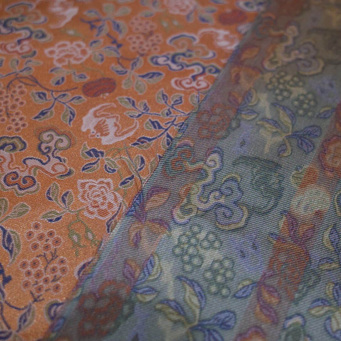 59"W Song Brocade Fabric: Eight Treasures Ganoderma Lucidum Pattern