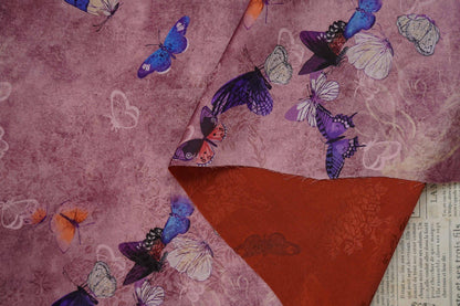 Butterfly Flower Tea Silk Satin Fabric: Digital Print, 55" Wide