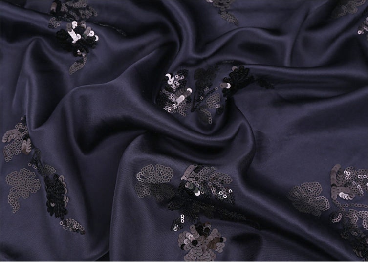 Embroidered Navy Satin Fabric: Floral Sequin Dress Material, 49�ï