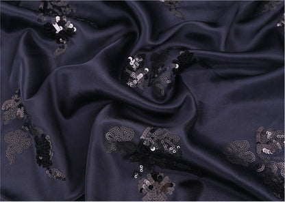 Embroidered Navy Satin Fabric: Floral Sequin Dress Material, 49�ï