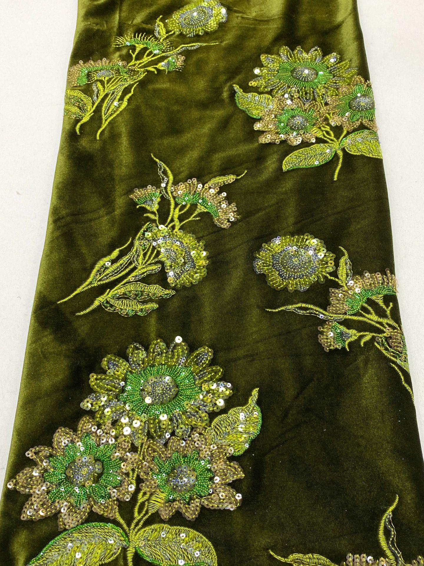 Velvet Embroidery Fabric: Beaded Pillar Design, 49"W Designer Material